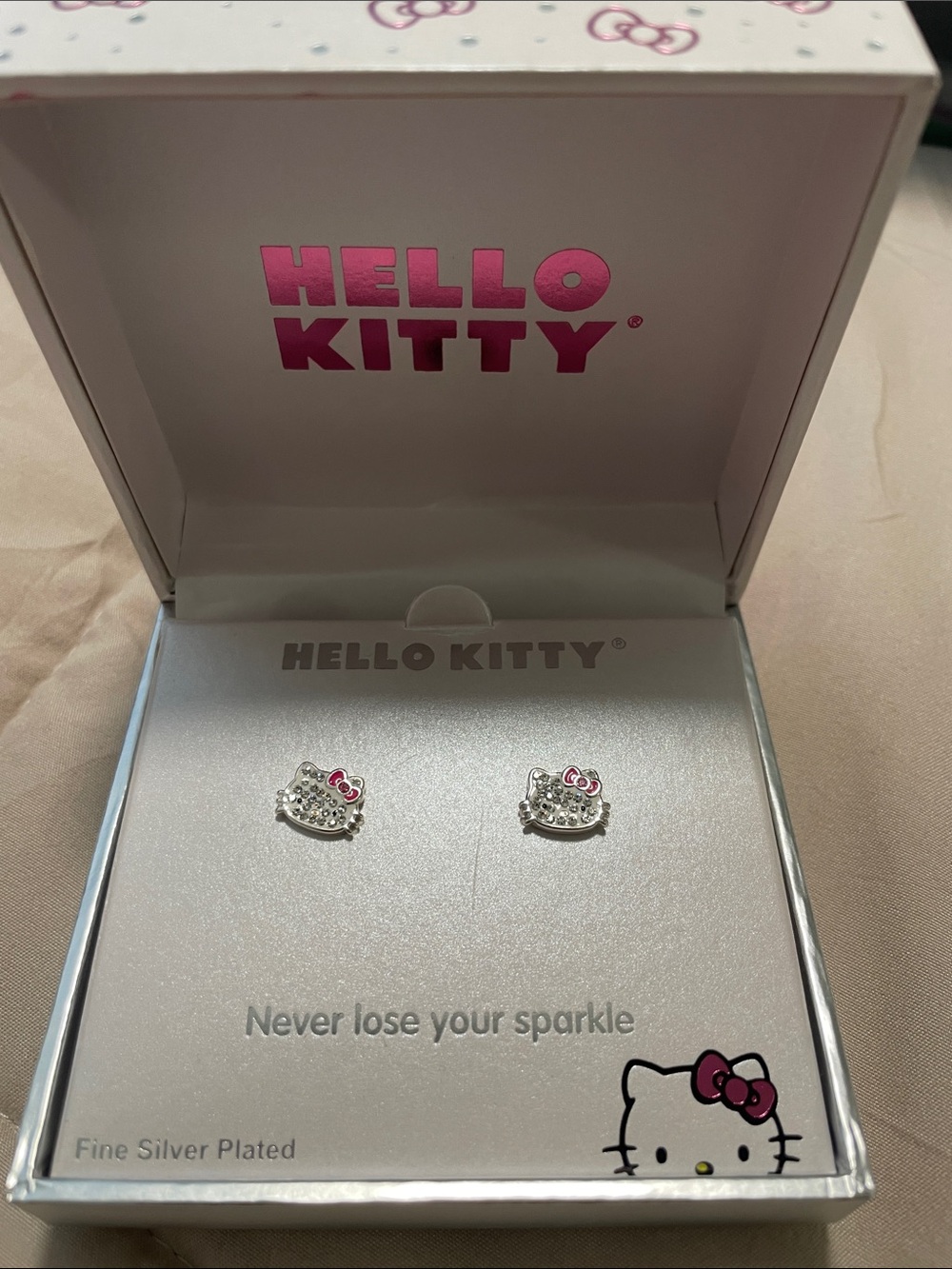 Hello Kitty Silver Plated Stud Earrings in Silver & Pink